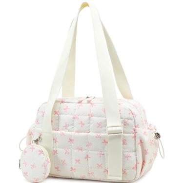 Imagem de CAMTOP Mini bolsa de ginástica para mulheres, bolsa de ginástica pequena, bolsa esportiva acolchoada com compartimento molhado e bolsa de moedas, bolsa esportiva de dança, ioga e exercícios, Laço rosa