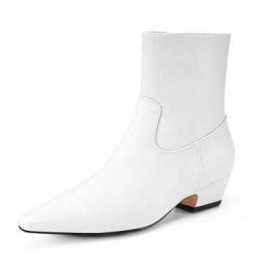 Imagem de Perisis Bota feminina de cano curto, bico fino, grosso, salto baixo, confortável, casual, com zíper lateral, Poliuretano branco, 38