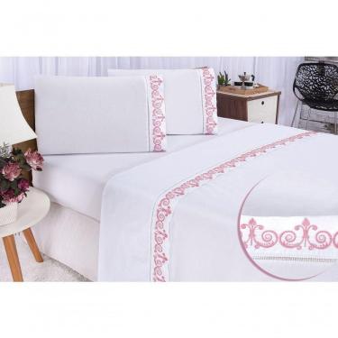Imagem de Jogo Lençol Atenas Quarto Casal Padrão Bordado 4 Peças 2fronha Cor: Branco Com Rose