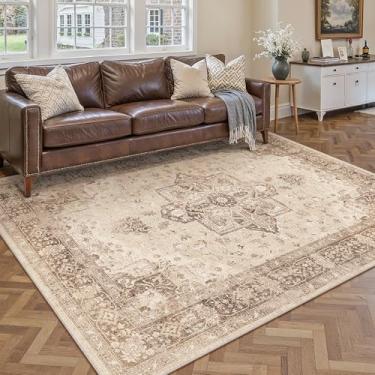 Imagem de PureCozy Tapete marrom 12 x 18 cm, lavável, vintage, para sala de estar, antiderrapante, retrô, desgastado, camada baixa, medalhão oriental macio, tapete fino para cozinha, banheiro, escritório