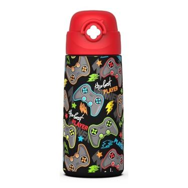 Imagem de Garrafa de água isolada para meninos com canudo pop-up coberto, copos infantis de 473 ml com aço inoxidável à prova de vazamento para escola (vermelho-jogo)