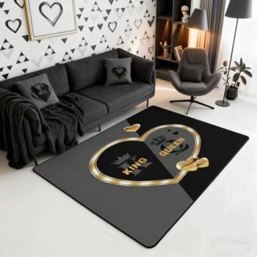 Imagem de Tapete de área de coroa de rei e rainha romântico dourado branco tapete de coração amoroso para sala de estar 99 cm x 150 cm, tapete lavável cinza e preto para adultos, homens, mulheres, decoração de