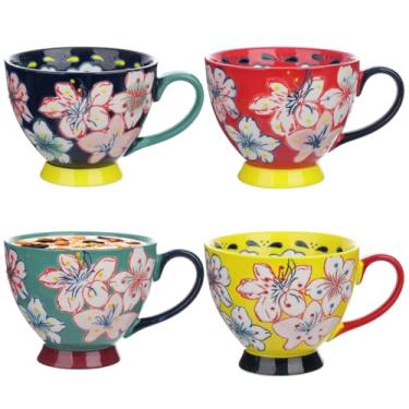 Imagem de Canecas de café de cerâmica com padrões de flores em relevo feitos à mão, 4 pacotes grandes, chá, leite, latte, cappuccino, cereais, xícaras de chocolate quente