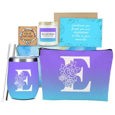 Imagem de Azul inicial E monograma presentes personalizados presentes de aniversário para mulheres mãe sobrinha irmã colega de trabalho esposa Natal Dia dos Namorados apreciação bolsa de maquiagem copo de vinho