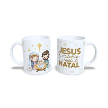 Imagem de Caneca Natalina de Cerâmica, Sagrada Família, Branca, 325ml, com Mensagem sobre o natal, e imagens de Jesus, Maria e José (23168)