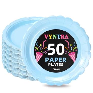 Imagem de Vyntra Pratos de papel descartáveis azul bebê 23 cm, pacote com 50 – Pratos de jantar resistentes, resistentes a vazamentos e gordura para refeições, aniversário, chá de bebê, piquenique, churrasco