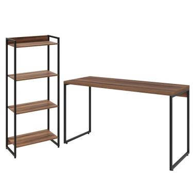 Imagem de Kit Escritório Estante 4 Prateleiras Com Mesa 135Cm Nogal
