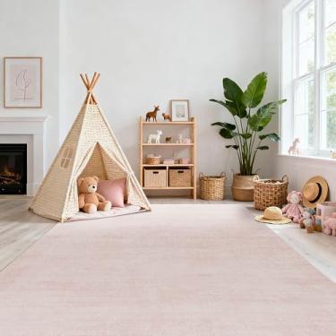 Imagem de BILEEHOME Tapetes rosa para quarto, boho lavável neutro tapete de bebê para berçário, 15 x 23 cm, blush