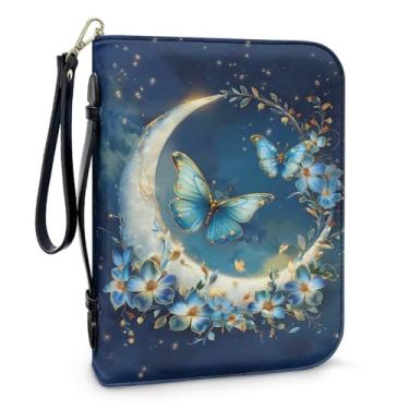 Imagem de QOPECUOY Capa Bíblica Borboleta Azul Tamanho Grande Bolsas para Mulheres Bolsa de Couro Bíblia Impressão Borboletas Viagem Resistente Escritura Bolsa Feminina Casual Igreja Bolsa com Alça, Tamanho 2GG