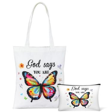 Imagem de SilTriangle Bolsa feminina de lona cristã para maquiagem God Says You Are Butterfly Pattern Themed Bible Religious Bags Christmas Church Inspirational Scripture Gift