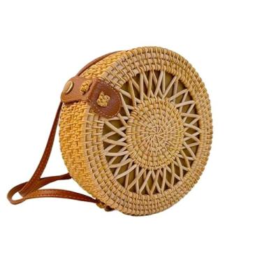 Imagem de Laeuokie Bolsa feminina de palha redonda: Rattan tecido à mão, cesta transversal de vime. Tecido para praia, férias, uso diário., Fivela de couro de renda 09, 7.1" (L) * 3.1" (W) * 7.1" (H), Bolsa de