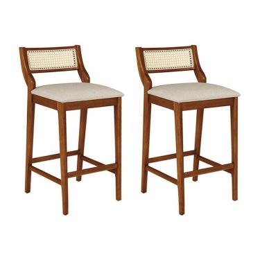 Imagem de Conjunto 2 Banquetas Lagum Jequitibá Natural Assento Linho Bege Palha Sextavada