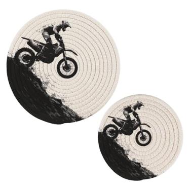 Imagem de Blueangle 2 peças de suporte de panela para motociclista - conjunto de pegadores de panela de tecido redondo - almofadas quentes trançadas de algodão - porta-copos - tapetes de mesa para cozinhar e