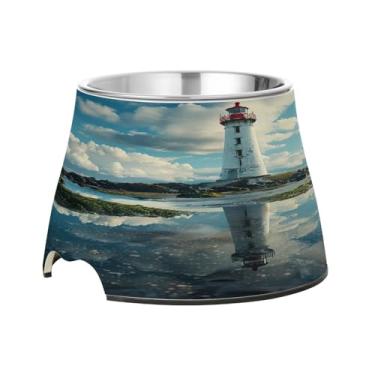 Imagem de Blueangle Tigelas elevadas para cães com aço inoxidável – Prato antiderrapante de 2,3 xícaras para animais de estimação de alta capacidade para saúde da coluna e design de farol de rocha de poleiro