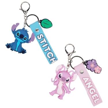 Imagem de Disney Conjunto de chaveiros Stitch & Angel, acessórios de chaveiro para bolsas e mochilas, pingentes de personagens 3D, design tropical fofo