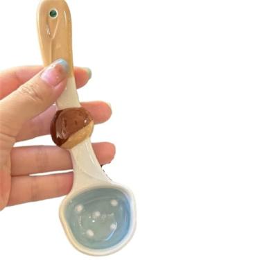 Imagem de Concha de sopa Conjunto de 2 mini colher cerâmica fofa com alça larga chá café açúcar decoração flores(Brown)