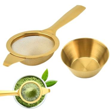 Imagem de Peneira dourada Matcha de 5,6 cm, 30 de malha fina T304 Matcha, peneira pequena, coador com alça e base, mini coador, coador de chá de metal para chá solto e café e coquetel