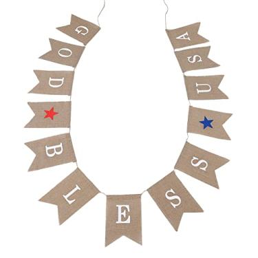 Imagem de Bandeiras suspensas de linho em formato de cauda elegante, bandeira de juta, decoração de festa premium para aniversário, casamento, chá de panela, feito de material ecológico (Deus abençoe os EUA)