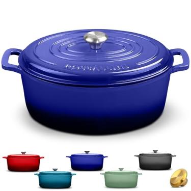 Imagem de ROSSALLINI Forno holandês oval de ferro fundido esmaltado exclusivo | Panela antiaderente com tampa justa para assar, assar, refogar e fazer pão perfeitos | 5Q [azul índigo]