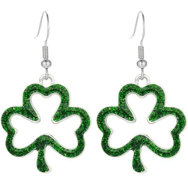 Imagem de Brincos pendentes verdes de trevo da sorte do dia de São Patrício para mulheres, brinco moderno de trevo com glitter, joia irlandesa, presente para mulheres, 1, Metal, Sem pedra preciosa