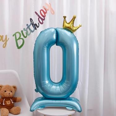 Imagem de Balões digitais de 101 cm rosa com números autofixos gigantes Mylar grande número 10 para decorações de aniversário de aniversário (azul 0)