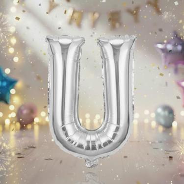 Imagem de Balões grandes de letras prateadas U de 81 cm, balões de alfabeto Mylar preenchidos com hélio para festas de aniversário e decorações não aniversárias, suprimentos grandes de decoração de festa prata