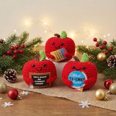 Imagem de Henoyso 3 Pcs Teachers Gift Positive Apple with Positive Cards 3 Inch Soft Wool Knitting Crochet Apple Appreciation Gifts for Teachers' Day