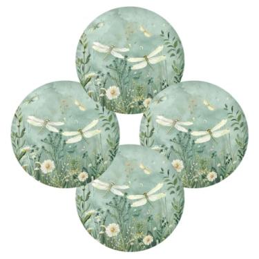 Imagem de Wassud Jogo americano conjunto de 4 tapetes redondos de libélula verde para cozinha e jantar tapetes laváveis resistentes ao calor para decoração de mesa 39 cm