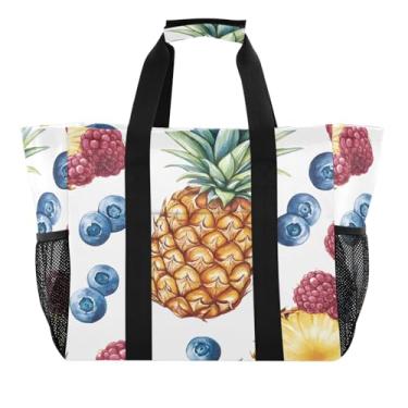 Imagem de STAYTOP Bolsas de praia femininas frescas de abacaxi e mirtilo - Bolsa de praia à prova d'água à prova de areia com bolso para viagem, férias, academia