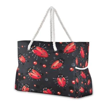 Imagem de Wassud Bolsa de praia vermelha joaninhas grandes bolsas de praia para mulheres, à prova d'água, à prova de areia, bolsa de viagem com zíper e bolso para piscina, academia, acampamento