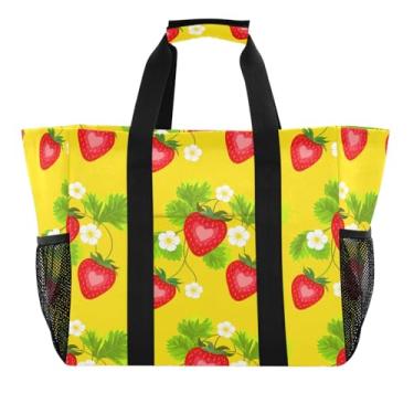 Imagem de Wassud Strawberries with Dasies Sacos de mercearia reutilizáveis grande bolsa organizadora de lona impermeável para praia, piquenique, lavanderia, viagem