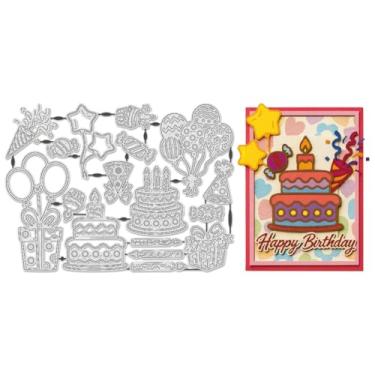 Imagem de UNICRAFTALE 17 peças de elementos compostos de aniversário, matrizes de corte de metal, balões de bolo de aniversário, estênceis de gravação recortados para fazer cartões, álbum de fotos, álbum de