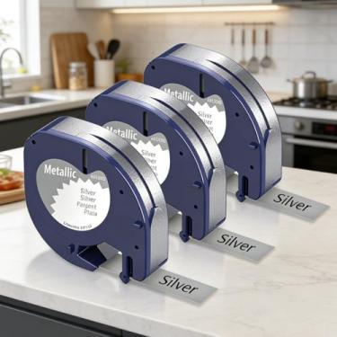 Imagem de Substituição de fita de etiqueta branca de plástico 12 mm x 4 m (0,47" x 13') compatível com Dymo LT-100H LT-100T 200B Home Label Maker Refils, A91338, pacote com 3, prata