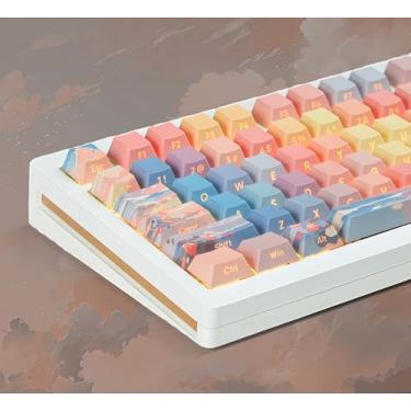 Imagem de dagaladoo Conjunto de teclas Shine Through, teclas PBT Double Shot 60 75 por cento, sub teclas personalizadas, impressão lateral, azul/laranja, tampas de teclado com perfil cereja para teclado de