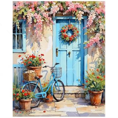 Imagem de Kit de pintura de bicicleta vintage por números para adultos - bicicleta azul DIY com porta de guirlanda e pintura de flores rosa em tela, conjunto de tinta acrílica para iniciantes, arte para