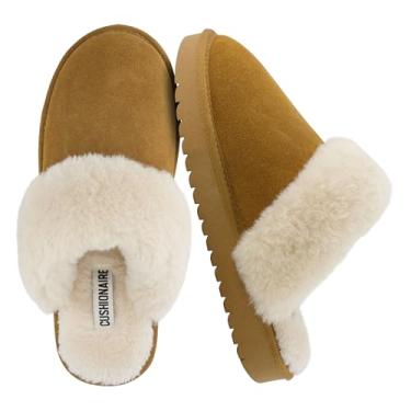 Imagem de CUSHIONAIRE Chinelos femininos Hush Cozy com forro de pele sintética – Pantufas femininas confortáveis para uso interno e externo, Castanho, 7 Wide