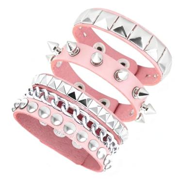 Imagem de Tosmifairy 3 peças de pulseiras de couro punk rock para mulheres pop anos 80 90 acessórios de joias emo retrô com pontas ajustáveis punhos de pulso, One Size, Couro sintético, Sem Pedra Preciosa