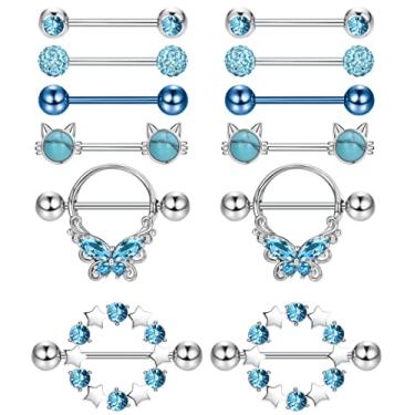 Imagem de Kakonia 6 pares de anéis de mamilo 14G para mulheres 316L aço inoxidável coração borboleta lua CZ flor barra piercing piercing jóias, Aço inoxidável, Zircônia cúbica