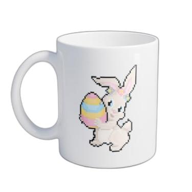 Imagem de Caneca Xícara de Café Porcelana 300ml Coelho Páscoa Pixel Art