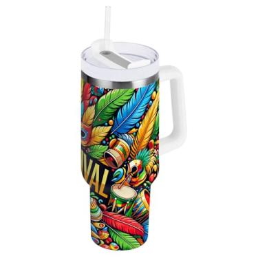 Imagem de ODAWA Copo de viagem isolado grande com alça e tampa de palha, copo isolado de parede dupla festivo de carnaval