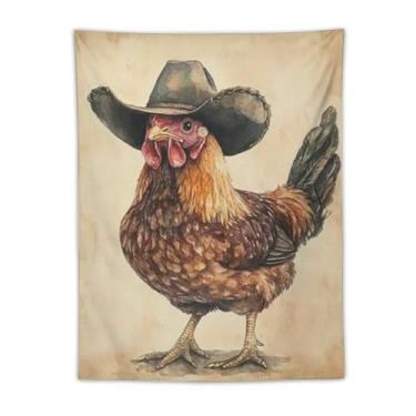 Imagem de Tapeçaria de parede galo em chapéu de cowboy decoração de animais de fazenda peculiar fundo bege arte rústica para sala de estar quarto aconchegante estilo country decoração de pendurar decoração
