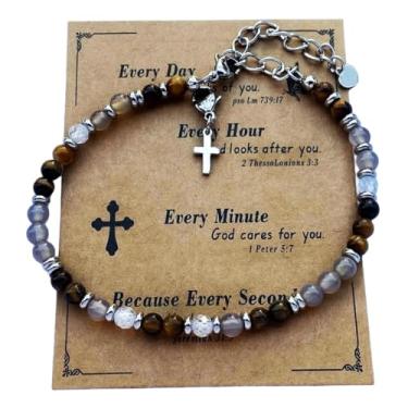 Imagem de DOLON Pulseira minimalista cristã com pingente de cruz com contas boêmia de pedra natural de 4 mm para mulheres, homens, confirmação, batismo, Páscoa, aniversário, presentes religiosos de Natal