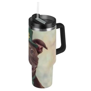 Imagem de Joisal Copo térmico legal de buldogue francês com tampas e canudos, copo térmico de 1,134 g com alça, garrafa de água, isolada, aço inoxidável, caneca de café quente para carros