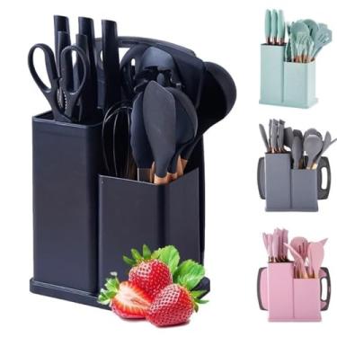 Imagem de Kit de Utensílios para Cozinha em Silicone com 19 Peças, Cabo de Madeira, Espátula Antiaderente, Concha, Colher, Faca, Tesoura, Tábua de Cortar e Suporte Organizador (PRETO)