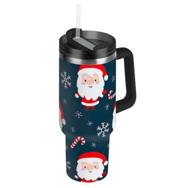 Imagem de Joisal Copos de Natal fofos de Papai Noel azul-marinho com tampas e canudo à prova de derramamento 1,134 g copo com alça garrafas de água isoladas caneca de café quente de aço inoxidável para carros