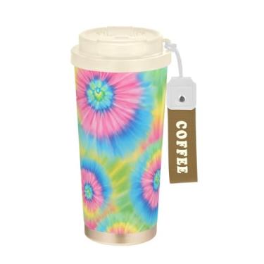 Imagem de TSENQUE Copo de café colorido com tinta vibrante, 473 ml com canudo e tampa, canecas de café de parede dupla isoladas a vácuo com revestimento cerâmico para escola, escritório, festa, acampamento