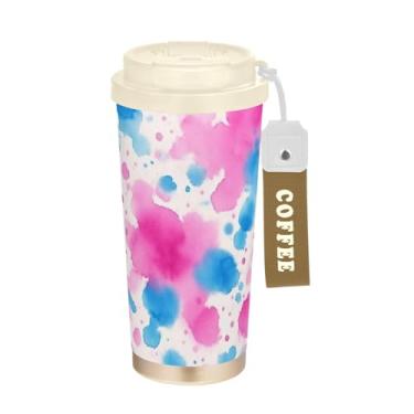 Imagem de TSENQUE Caneca de café de viagem de 473 ml com tampa de canudo e filp, copo de café de aço inoxidável à prova de vazamento para escritório, escola, festa, acampamento, rosa, azul, salpicos