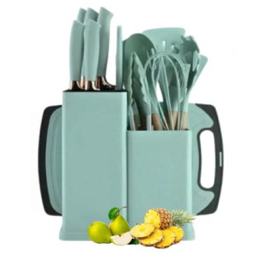 Imagem de Kit de Utensílios para Cozinha em Silicone com 19 Peças, Cabo de Madeira, Espátula Antiaderente, Concha, Colher, Faca, Tesoura, Tábua de Cortar e Suporte Organizador (VERDE-TIFFANY)