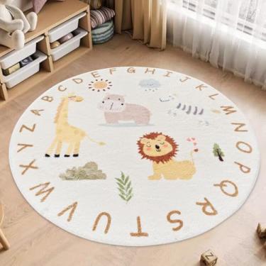 Imagem de Poowe Tapete redondo para sala de jogos infantil – adorável tapete de berçário de zoológico para quarto – coleção de brincadeiras, aprendizagem e jogo para sala de aula, melhor presente de chuveiro