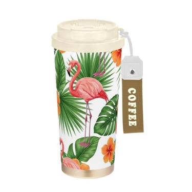 Imagem de TSENQUE Copo de café de 473 ml com tampa de canudo e filp, copo de café de aço inoxidável à prova de vazamento para acampamento, festa escolar de escritório, flamingos rosa, folhas verdes